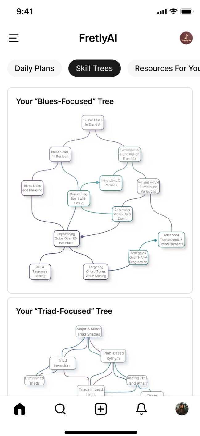 Screenshot of FretlyAI generating personalized skill trees