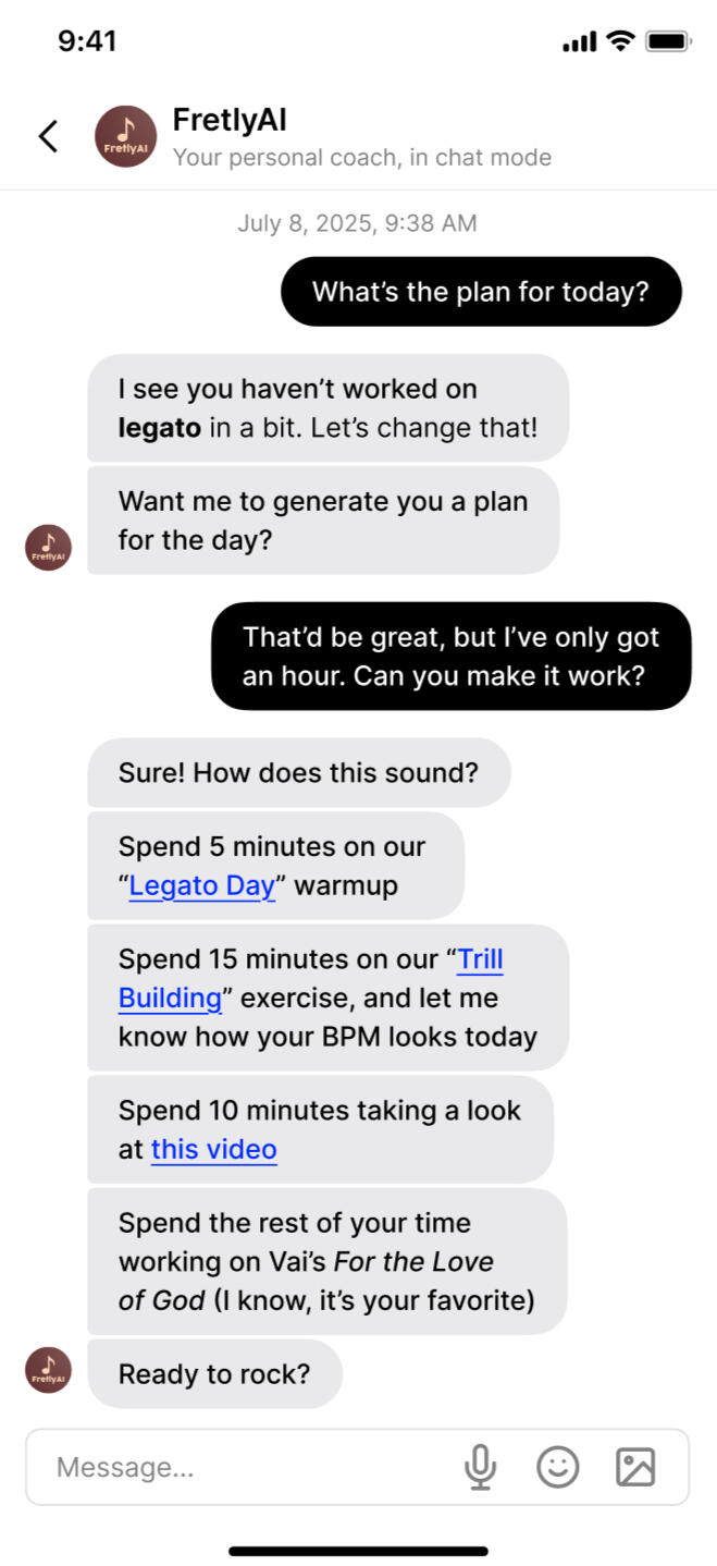 Screenshot of a discussion between FretlyAI and a user