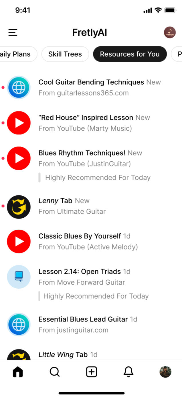 Screenshot of FretlyAI recommending curated resources